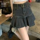 Belted Denim Mini A-line Skirt