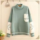 Color-block Bear Print Turtleneck Sweater