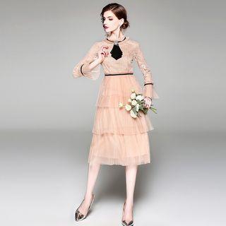 Layered Long Sleeve Midi Lace Dress