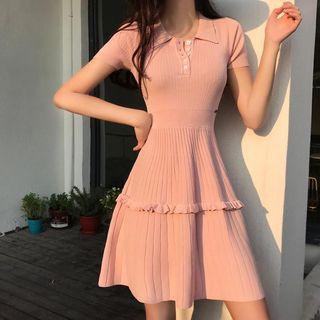 Short-sleeve Frill-trim A-line Knit Dress