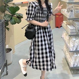 Square-neck Plaid Midi Dress As Figure - One Size
