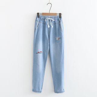 Drawstring Embroidered Slim-fit Jeans