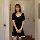 Puff-sleeve Lace Trim Mini Dress Black - One Size