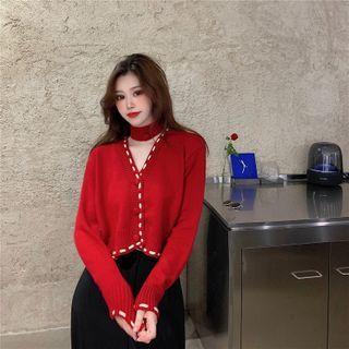 Contrast Lining Cardigan With Neck Warmer - Red - One Size