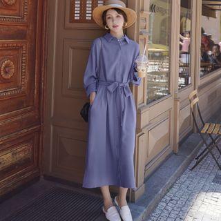 Long-sleeve Sashed Midi Shirtdress