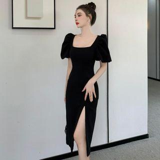 Short-sleeve Scoop-neck Slit Midi Sheath Dress