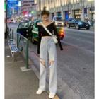 Off-shoulder Long-sleeve T-shirt / Distressed Straight-cut Jeans