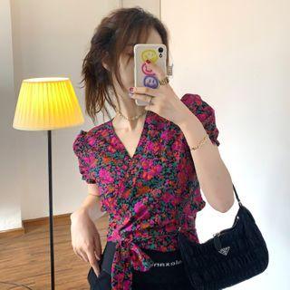 Floral Print Puff-sleeve Cropped Blouse Floral Print - Red - One Size