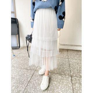 Band-waist Sheer Long Tiered Skirt