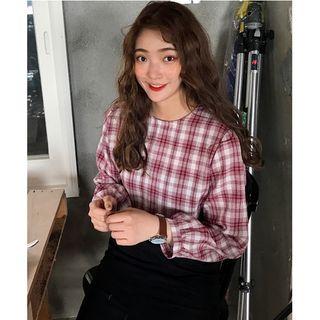 Plaid Long-sleeve T-shirt / Front Slit Pencil Skirt