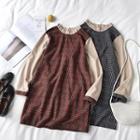 Mock Two-piece Plaid Crewneck Zip Long-sleeve Dress