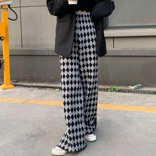 Plaid Wide-leg Knit Pants Pants - Black & White - One Size