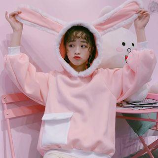 Pocket Detail Rabbit Ear Hoodie Pink - One Size