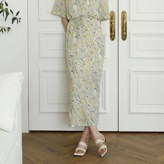 Drawstring Maxi Printed Skirt Beige - One Size