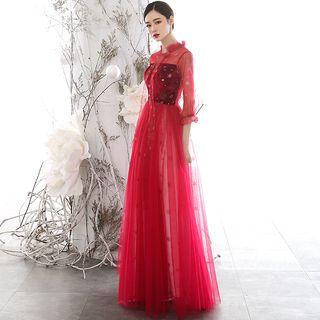 3/4-sleeve Star-pattern A-line Evening Gown