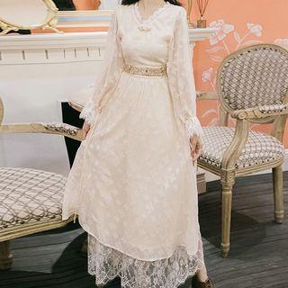 Lace Trim Balloon-sleeve Midi A-line Lace Dress