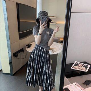 Set: Short Sleeve Embroidered T-shirt + Dotted Stripe A-line Skirt