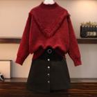 Tasseled Mock-turtleneck Sweater / A-line Skirt / Set