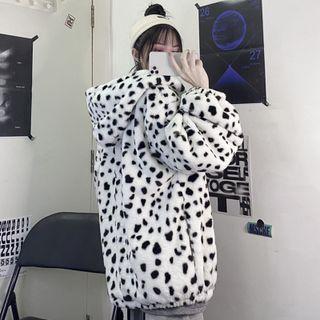 Leopard Print Hooded Fluffy Jacket Leopard - White - One Size
