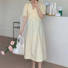 Short-sleeve V-neck Midi A-line Dress Yellow - One Size