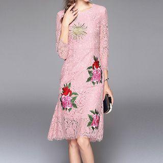 3/4-sleeve Embroidered Lace-panel A-line Dress