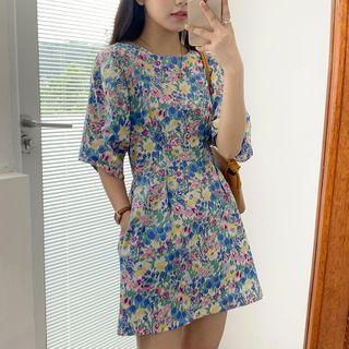 Flower Print Elbow-sleeve Mini A-line Dress Blue - One Size
