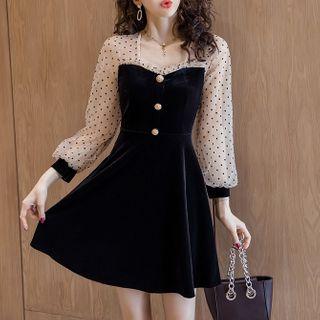 Dotted Mesh Panel Mini A-line Velvet Dress