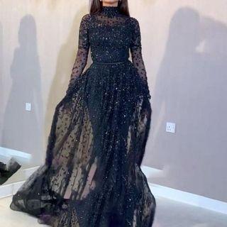 Rhinestone Long-sleeve A-line Evening Gown