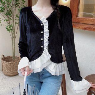 Bell-sleeve Ruffled Velvet Blouse