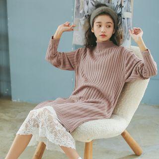 Long-sleeve Mock-neck Knit Dress / Spaghetti Strap Lace Midi Slipdress