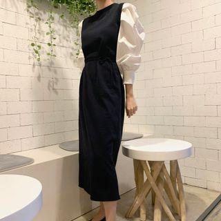 Lantern Sleeve Knit Panel Mock Two Piece Dress
