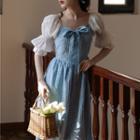 Set: Short-sleeve Plaid Midi A-line Dress + Headband