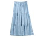 Band-waist Tiered Denim Midi A-line Skirt