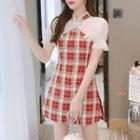 Set: Short-sleeve Plaid Mini A-line Dress + Shorts