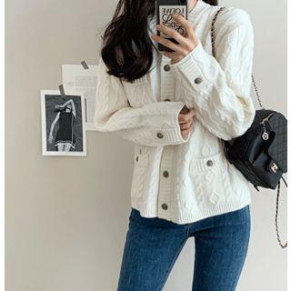 Metallic-button Cable-knit Cardigan