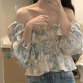 Floral Print Blouse White & Blue & Khaki - One Size