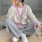 V-neck Long-sleeve Plaid Knit Cardigan Purple - One Size
