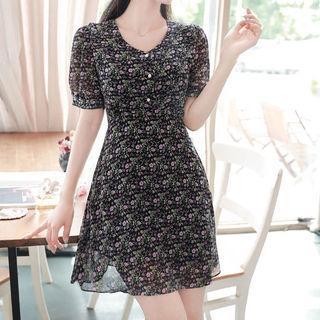 Puff-sleeve Button-detail Floral Dress