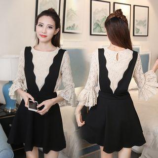 Set: Elbow-sleeve Lace Top + Scalloped-trim Suspender Dress