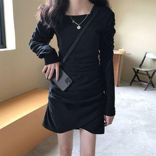 Long-sleeve Shirred Mini A-line Dress Black - One Size