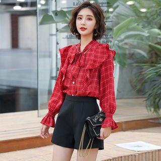 Set: Bell-sleeve Plaid Blouse + Wide Leg Shorts