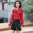 Set: Bell-sleeve Plaid Blouse + Wide Leg Shorts