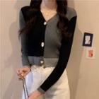 V-neck Color-block Button-up Cropped Cardigan