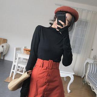 Plain Mock-neck Long-sleeve Slim-fit Top