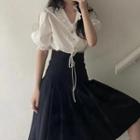 Short-sleeve Ruffle Trim Drawstring Plain Blouse / High-waist Plain Pleated Skirt