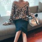 V-neck Leopard Print Loose Sweater / Knit Pencil Skirt