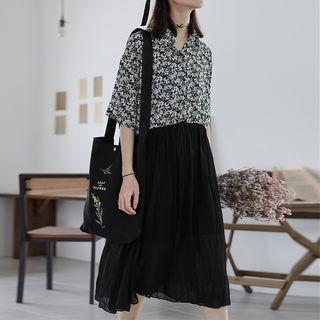 Elbow-sleeve Floral Paneled Buttoned Chiffon Dress