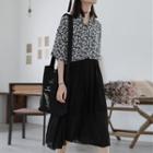 Elbow-sleeve Floral Paneled Buttoned Chiffon Dress