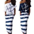 Set: Lettering Short-sleeve T-shirt + Striped Midi A-line Skirt