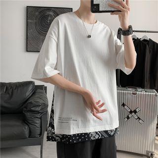Elbow-sleeve Mock Two-piece Print Panel T-shirt
